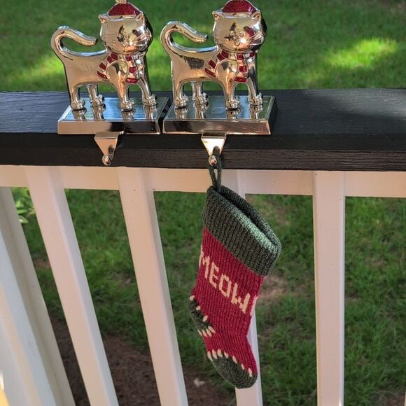 Silver Cat Stocking Holders with Red Glitter Accents Set of 2 - Picture 9 of 9